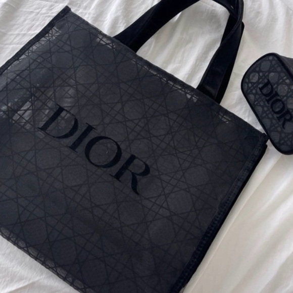NEW Dior Black Mesh Canage Tote Bag & Pouch Case Clutch Set - Picture 4 of 10